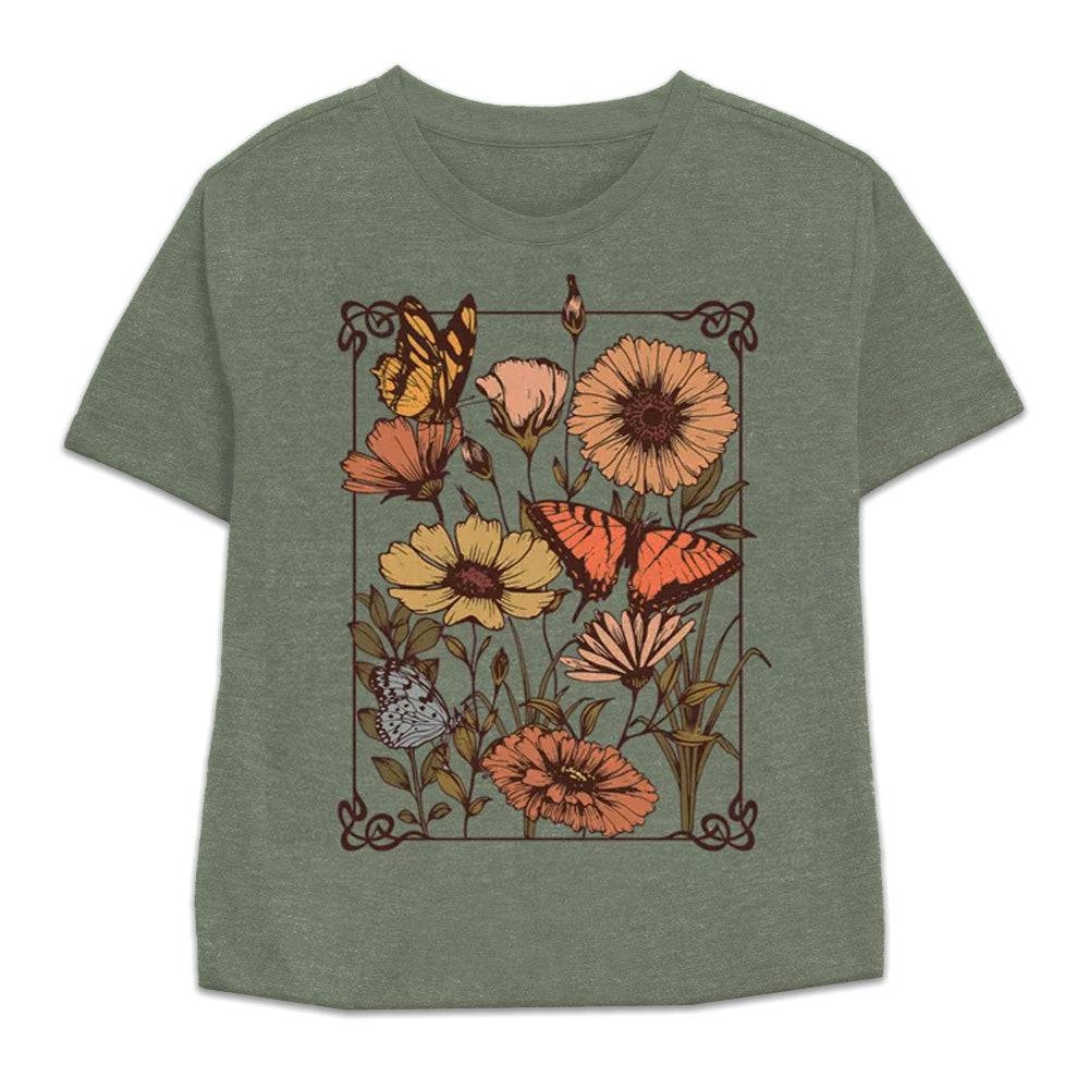 Vintage Sage Green Fifth Sun Floral Butterfly Boho Graphic Acid Wash Crop TShirt